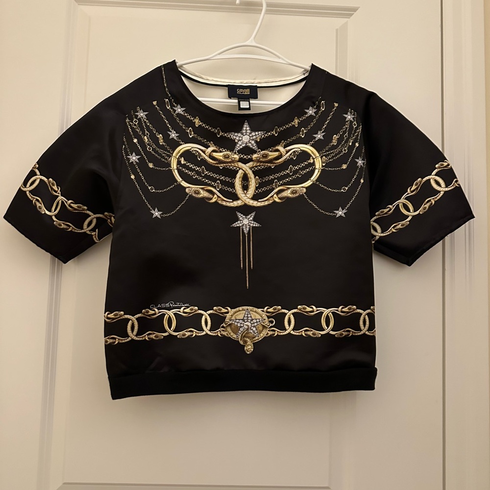 Roberto Cavalli top. Black and Cream Color with gold print. Size 6